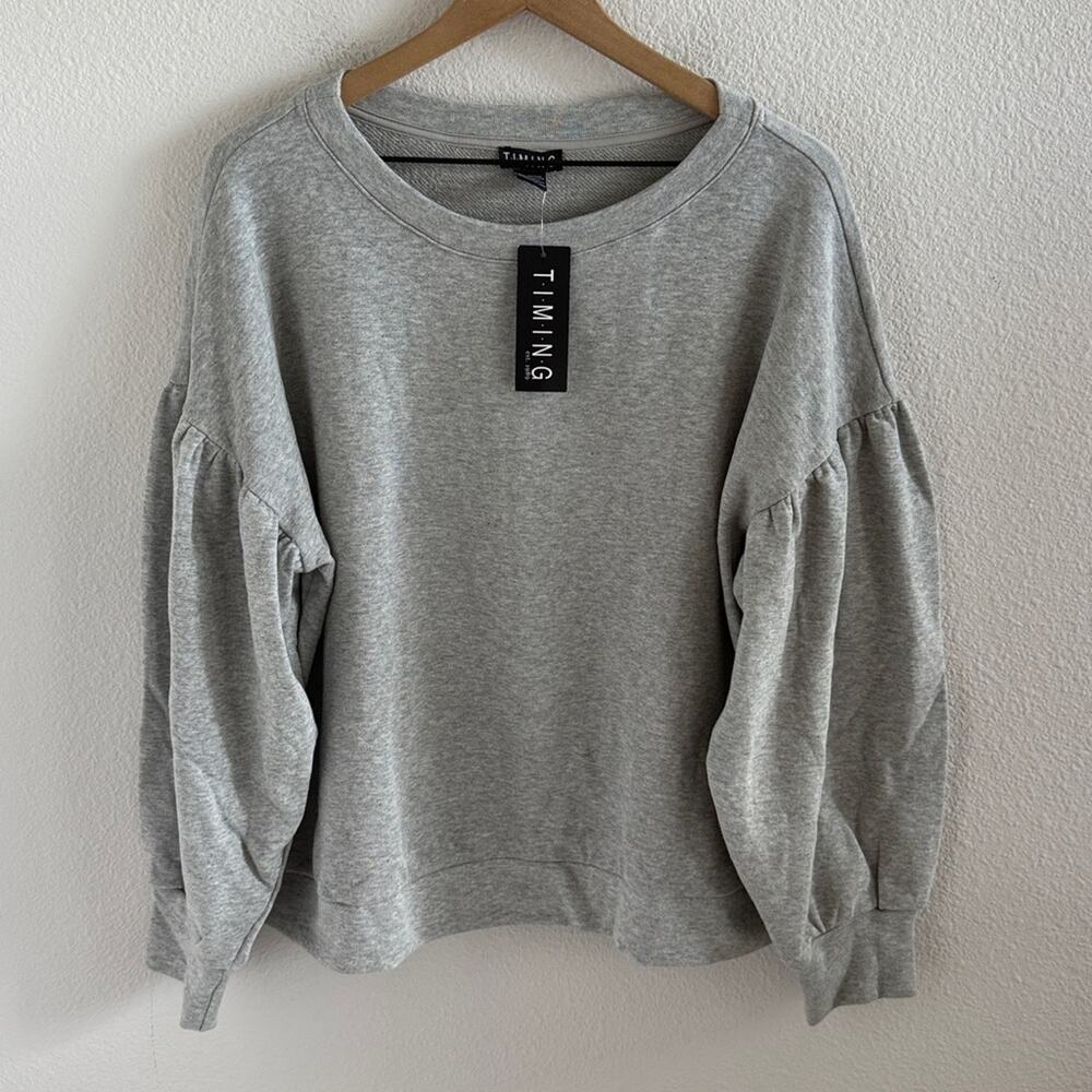 NWT Timing Heather Gray Pullover Balloon Sleeves Statement Basic Large